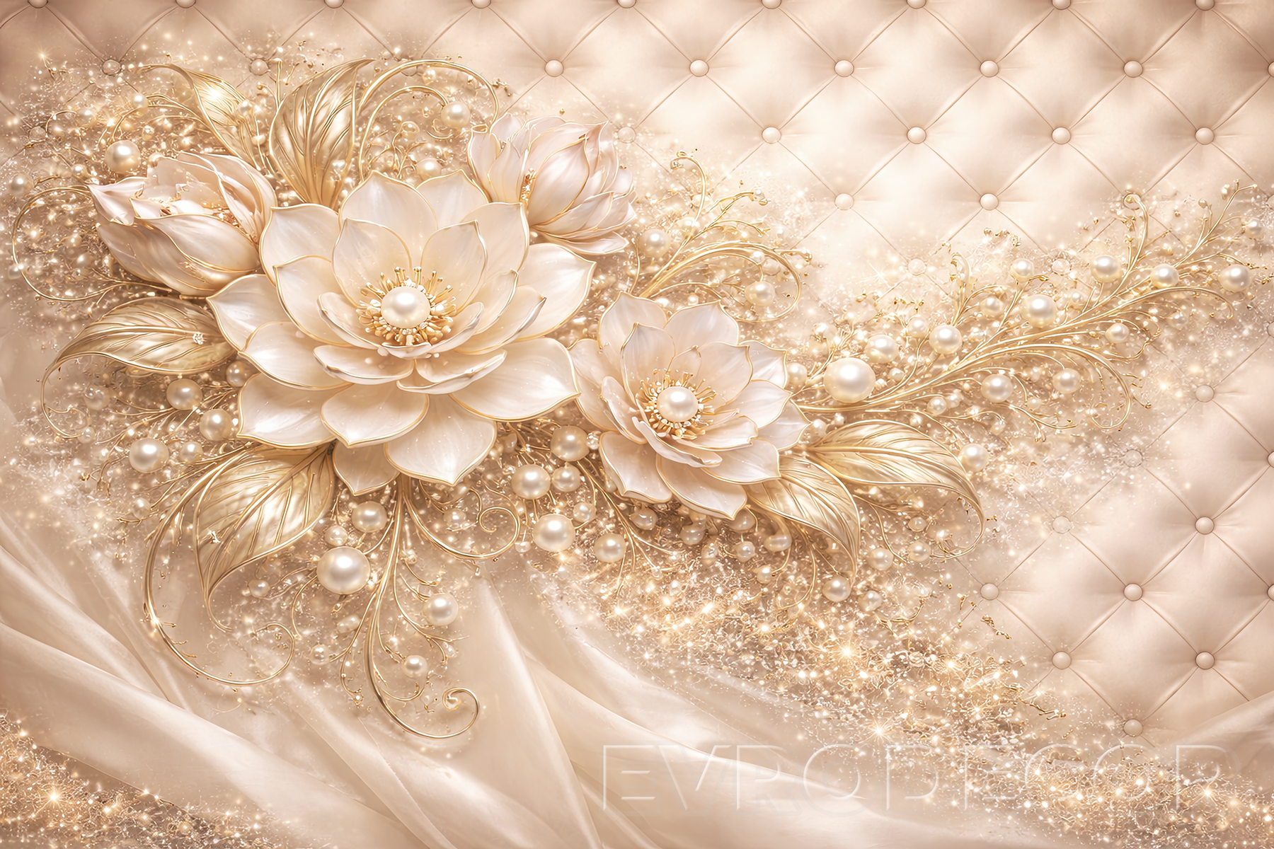 Луксозен фототапет в шампанско злато с цветя и перлени орнаменти